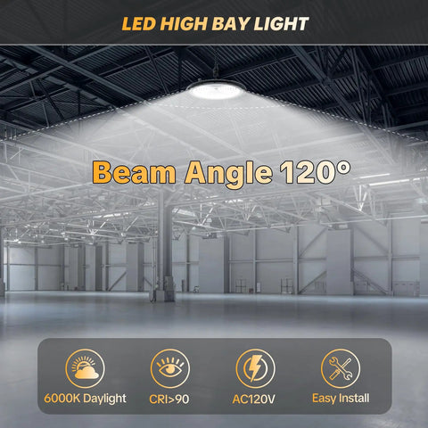 400W UFO LED High Bay Light with 60,000 Lumens Industrial Shop Lighting IP65 Waterproof in spacious warehouse with 120° beam angle
