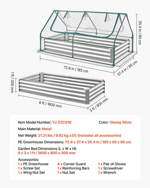 Six By Three Foot Metal Raised Garden Bed With Greenhouse Cover For Outdoor Use, Galvanized Planter For Veggies Flowers And Fruit, Three In One Garden System With Open Bed Or Standalone Greenhouse