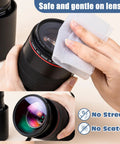 1000-count pre-moistened lens wipes for eyeglasses and camera lenses; hands wipe a black camera lens with a white cloth