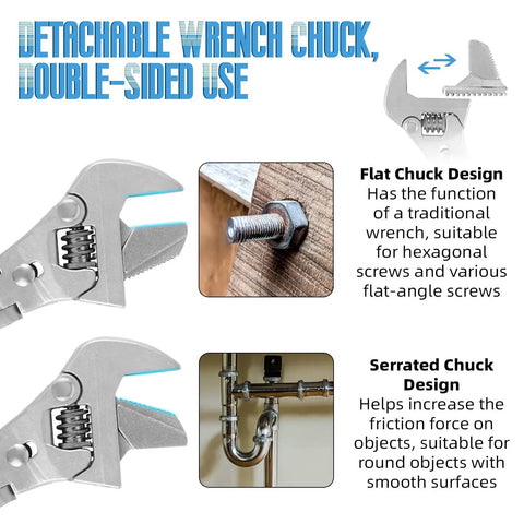 Image of Beefy Retractable 10 To 12 Inch Adjustable Wrench With 180 Degree Rotating Head showing detachable chuck design features.