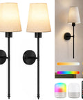 Konvixon Wall Sconces Battery Operated Set of Two, RGBWW with Remote, Black on wall with beige shades and color options displayed.