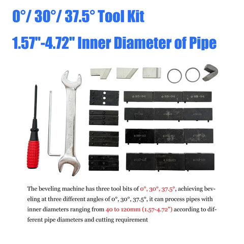 Top Shelf Electric Internal Expansion Pipe Beveler And Tube Chamfer Tool Built Different For Smooth Metal Fabrication Work With Hella Precise Angle Adjustments For 1.57 To 4.72 Inch Tubing tool kit displaying three bevel angles and various sized cutting bits