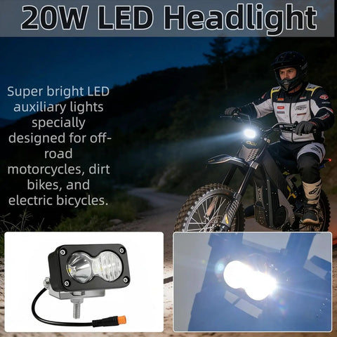 Ride Ready 20W LED Ebike Headlight With 6000K To 6500K White High Beam Waterproof displayed on motorcycle at night