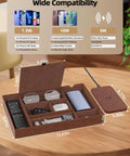 Leather Wireless Charging Valet Tray for Men, EDC Nightstand Organizer with compartments and wireless dock on wooden table.
