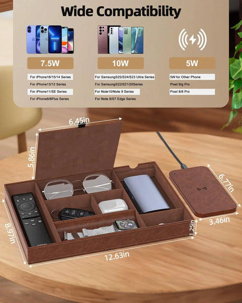 Leather Wireless Charging Valet Tray for Men, EDC Nightstand Organizer with compartments and wireless dock on wooden table.