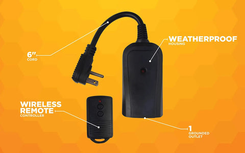 Weatherproof Outdoor Outlet Switch With Wireless Remote Controller, 6-inch cord, water resistant outlet and remote, black housing