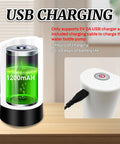 Close-up view of the Portable USB Electric Water Bottle Pump showing 1200 mAh battery and USB charging port, ideal for travel and home use.