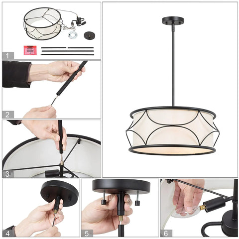 Installation steps for Dope Modern Drum Chandelier Pendant Light With Black Metal Frame And Fabric Shade For Kitchen Island.