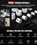 Heavy Duty Top Tier Bi Metal Hole Saw Kit Featuring 30 Piece Tool Set With 10 Inch Extension, white cutter rings for various materials.