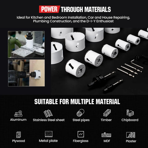 Heavy Duty Top Tier Bi Metal Hole Saw Kit Featuring 30 Piece Tool Set With 10 Inch Extension, white cutter rings for various materials.