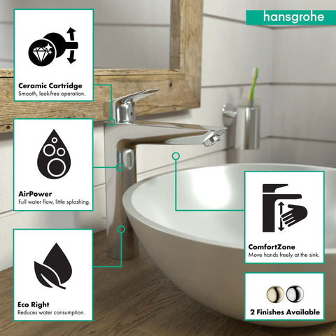 10 Inch Tall Chrome Single Handle Bathroom Sink Faucet Low Flow 1.2 GPM Water Saving With Easy Install Aerator Ceramic Cartridge Pop Up Drain Included, close-up view