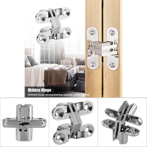 Hidden Concealed 180 Degree Zinc Alloy Door Hinge For Kitchen Cabinets Invisible Cross Style Bearing Silver Durable Cold Rolled Steel Core Fits Small Size 21 Inch Cabinet Doors Easy To Install