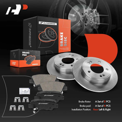 Rear Solid Disc Brake Rotors And Ceramic Pads Kit For Select Hyundai And Kia Models Including Elantra Elantra Coupe Elantra GT Veloster Forte Forte Koup Forte5 And Soul 10.31 Inch 261.9mm Street Ready Brake Upgrade product image showing kit components