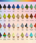 Image displaying an array of ice cream cones with swirled colorful tops in various shades like Carbon Fiber Black, Blue, Orange, and Lilac.