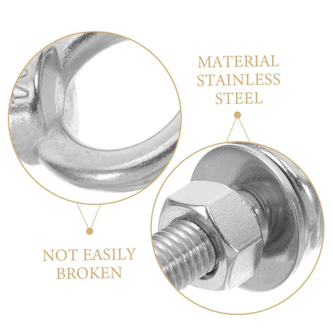 Beefy Heavy Duty Stainless Steel Swing Hardware Kit With Eye Bolts And Fixed Installation Buckles For Hammocks And Swings High Load Capacity With Quick Setup Screws And Bolts, stainless steel eye bolt close-up