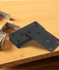 Stacked stainless steel flat joining plates with holes, black finish, next to brace brackets on a wood surface, 10 pack showcase.