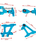 Beefed Up Aluminum TT02 Swing Arm Upgrade Kit For One Tenth Scale On Road RC Cars with measurements and blue color display.
