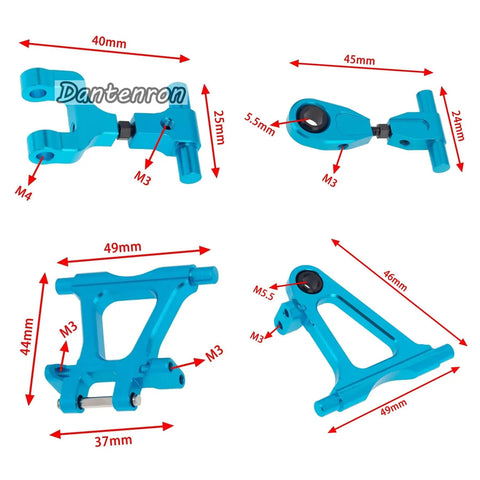 Beefed Up Aluminum TT02 Swing Arm Upgrade Kit For One Tenth Scale On Road RC Cars with measurements and blue color display.