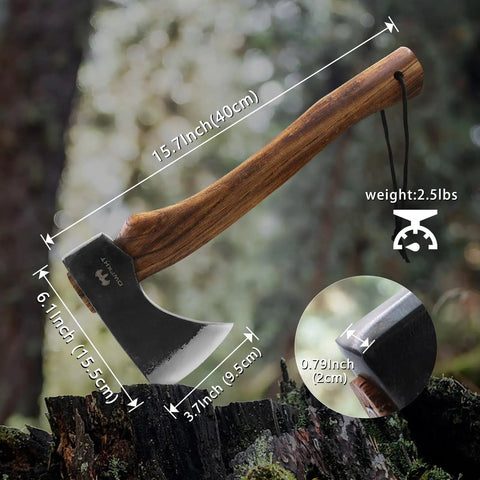 15.7 Inch Camping Hatchet With Beech Handle, Hand Forged Axe For Wood Chopping Splitting And Carving, Bushcraft Survival Tool displayed outdoors