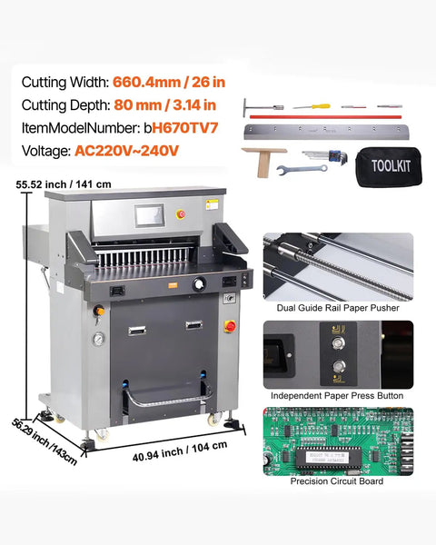 Electric Hydraulic Paper Cutter Built For Busy Print Shops And Mailrooms, Beefy Heavy Duty High Volume Cutter With A 26 Inch Cutting Width And 80 Mm Depth, 7 Inch Touchscreen Control Delivers Precise Fast Trimming Of Up To 800 Sheets In One Pass. electric hydraulic paper cutter with 26 in width, 80 mm depth, touchscreen, and toolkit