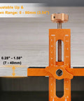 3-In-1 Cabinet Door Mounting Jig With Adjustable Positioner, Base, And Three Drill Bits, Pro-Grade Aluminum Alloy Cabinet Hinge Installation Tool in adjustable position against cabinet
