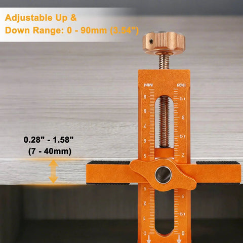3-In-1 Cabinet Door Mounting Jig With Adjustable Positioner, Base, And Three Drill Bits, Pro-Grade Aluminum Alloy Cabinet Hinge Installation Tool in adjustable position against cabinet