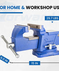 Beefy 6 Inch Bench Vise With Swivel Base And Anvil, Ductile Iron Construction, 5 Inch Jaw Opening, 2.7 Inch Throat Depth