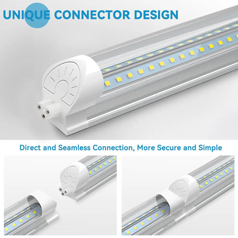 LED Shop Light 4ft 40W 5500LM 5000K Daylight White V Shape Linkable T8 LED Tube Lights showing unique connector design