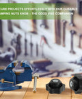 Heavy Duty Plastic Clamping Knobs Set With Brass Core, M10 Female Thread displayed with vise in workshop setting