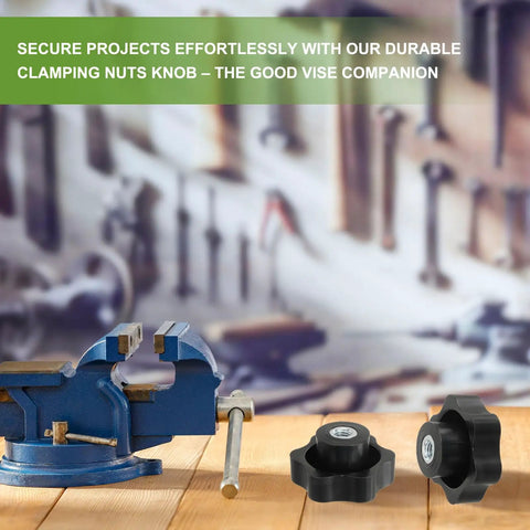 Heavy Duty Plastic Clamping Knobs Set With Brass Core, M10 Female Thread displayed with vise in workshop setting