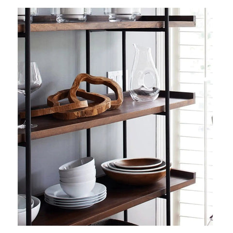 Built Different Heavy Duty Black Iron Bookshelf With Real Wood Shelves Industrial Floor Standing Storage Rack For Living Room Setup Home Office Display Organizer showcasing plates and wooden decor.