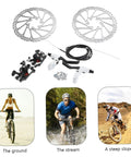 Trail Tough Mountain Bike Disc Brake Kit Equipped With Lightweight Hollow Rotors And Insanely Grippy Mechanical Calipers with rotors and calipers displayed.