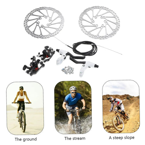 Trail Tough Mountain Bike Disc Brake Kit Equipped With Lightweight Hollow Rotors And Insanely Grippy Mechanical Calipers with rotors and calipers displayed.