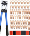 Cable lug crimping tool with blue handles and copper lug terminals; includes 74 lugs and 100 heat-shrink tubes.