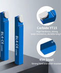 Side-view of blue 10-piece carbide-tipped lathe tool set for metal turning; 1/4 inch bits, Amazon brand