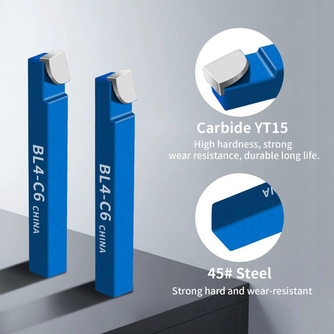 Side-view of blue 10-piece carbide-tipped lathe tool set for metal turning; 1/4 inch bits, Amazon brand
