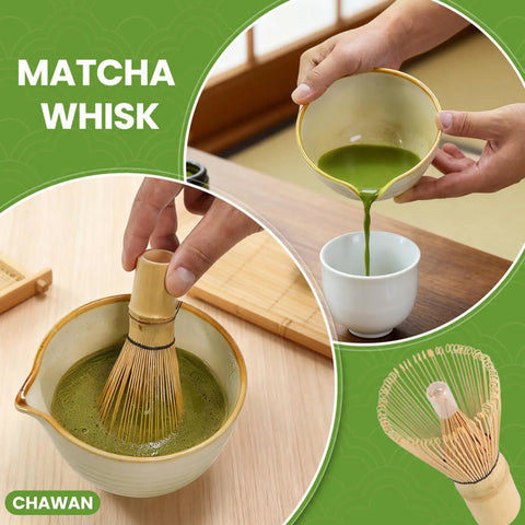 7 Piece Matcha Kit For Beginners With Ceramic Bowl Bamboo Whisk shown in use, mixing and pouring matcha tea.