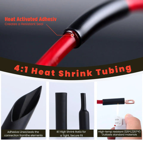 Close-up of Beefed Up Heavy Duty One Zero AWG Battery Lugs Kit With Three Eighth Inch Ring Terminals Copper Lugs and heat shrink tubing.