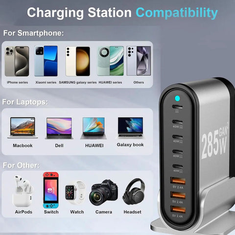 Powerhouse 8 Port USB C Fast Charger Dock with 285W Output next to compatibility chart for devices like laptops and smartphones.