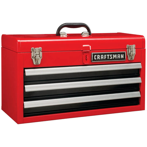 104 Piece Pro Grade Mechanic Tool Set With 20.5 Inch Rollaway Box And 3-Compartment Chest, metal toolbox, three drawers, red and black design