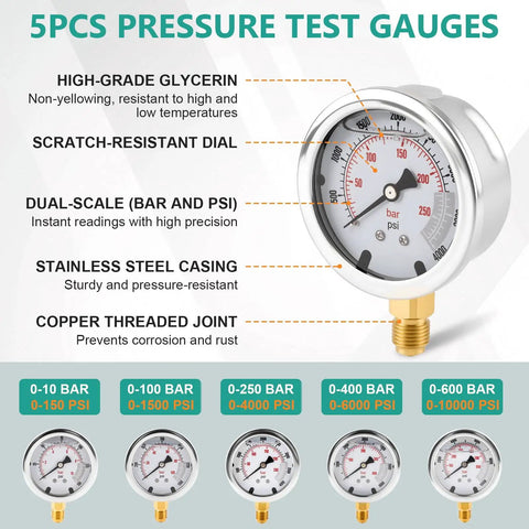 All In One Hydraulic Pressure Test Kit With Five Gauges 10 To 600 Bar And 150 To 10000 PSI featuring high-grade glycerin gauge with dual-scale for excavators and construction machinery.