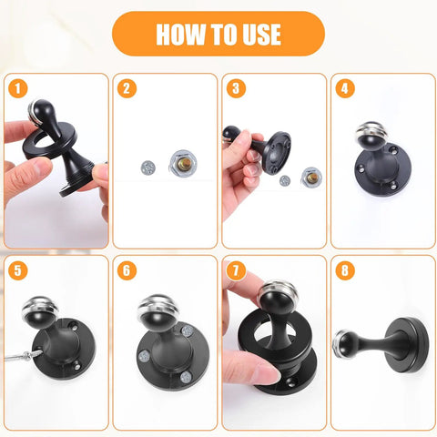 How to use guide for Six Pack Magnetic Door Stops Heavy Duty Stainless Steel Black Finish Wall Or Floor Mount Keeps Doors Open Prevents Slams Protects Walls Hands Free When Carrying Items
