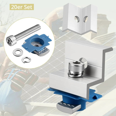 Solar Panel End Clamp Pack Of 20 For Standard Unistrut 30mm 35mm Aluminum Silver With 304 Stainless Steel Screws displayed