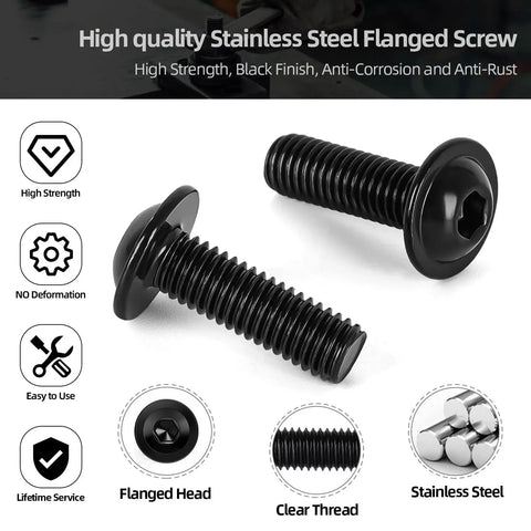 Flanged Button Head Socket Cap Screws M6 X 16mm, 25 Pack, Heavy Duty Stainless Steel 304, Black Finish, Allen Drive