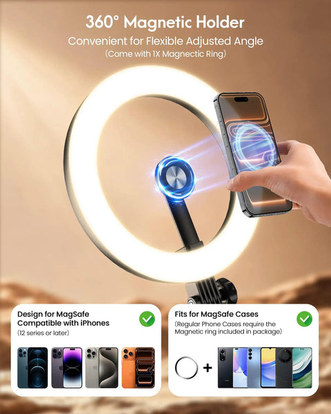 10.5 Inch Ring Light Desk Kit with Magnetic Phone Holder in use, highlighting adjustable 360° holder for video calls