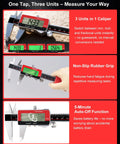 6-Inch Digital Caliper With USB-C Rechargeable Backlight LCD, stainless steel, showing LCD with three measurement units.