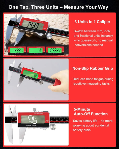 6-Inch Digital Caliper With USB-C Rechargeable Backlight LCD, stainless steel, showing LCD with three measurement units.