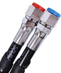 Close-up of 16 Foot Hydraulic Hose Kit HO5116 for SeaStar outboard steering with metal fittings and colored end caps.