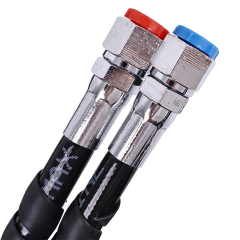 Close-up of 16 Foot Hydraulic Hose Kit HO5116 for SeaStar outboard steering with metal fittings and colored end caps.