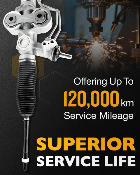 Chevy Silverado 1500 And GMC Sierra 1500 Power Steering Rack And Pinion Assembly For 2007 2013 Models, displayed with service life text.